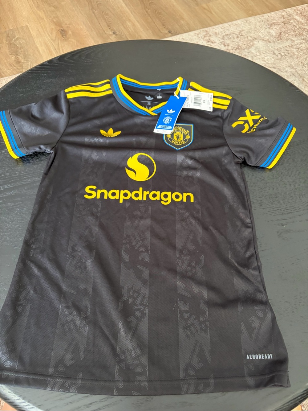 adidas Kids Black Jersey with Yellow Trim and Blue Collar